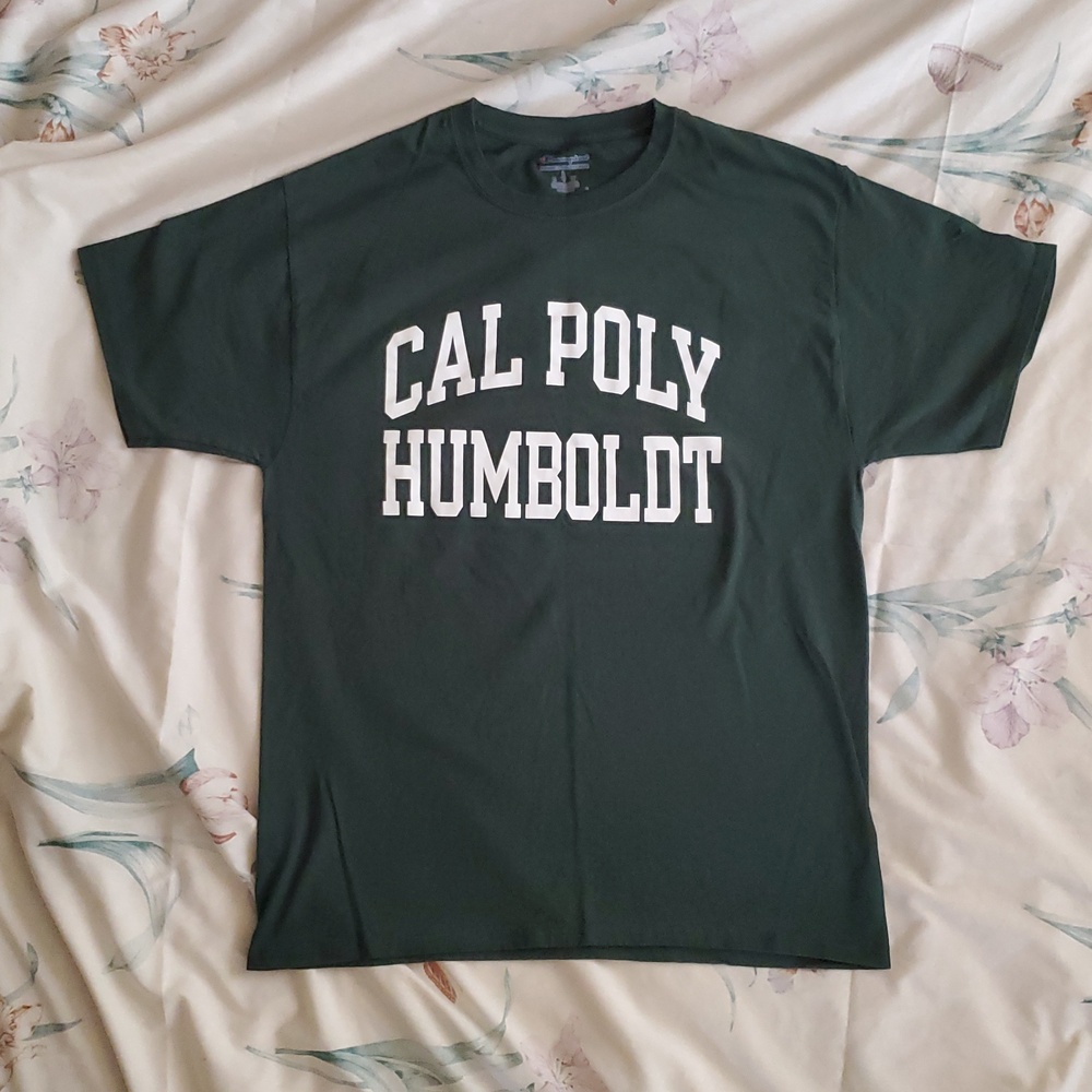 Champion Cal Poly Humbolt Size Large Tee Shirt Forest Green & White